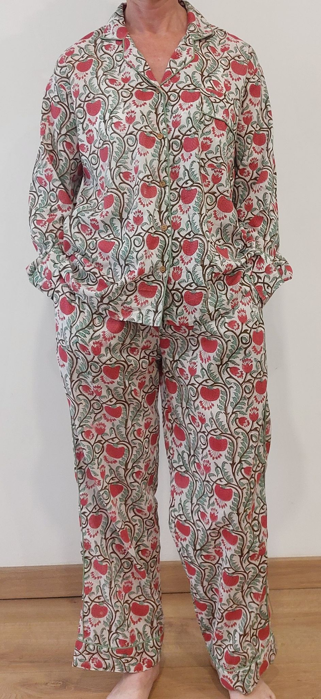 Pyjama femme en coton léger imprimé à la main – Ensemble boutonné deux pièces - rose et vert