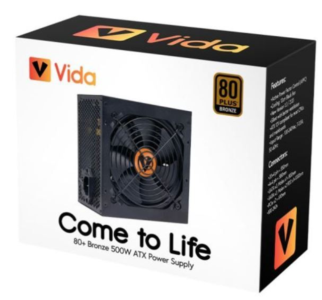 Vida 500W ATX PSU, 80+ Bronze, Fluid Dynamic Ultra-Quiet Fan, PCIe, Flat Black Cables, Power Supply