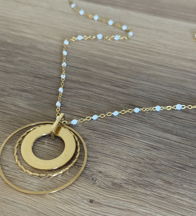 Sautoir cercles acier inoxydable et blanc 