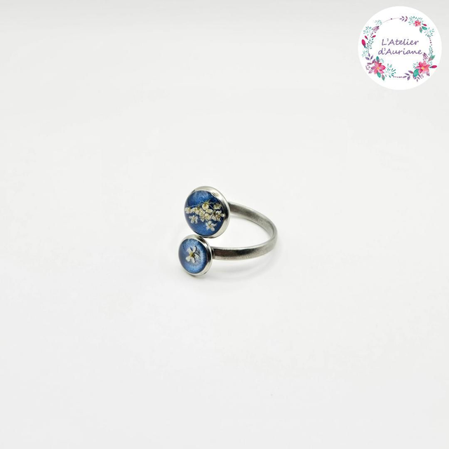 Bague double "Reine Anne bleu" argentée