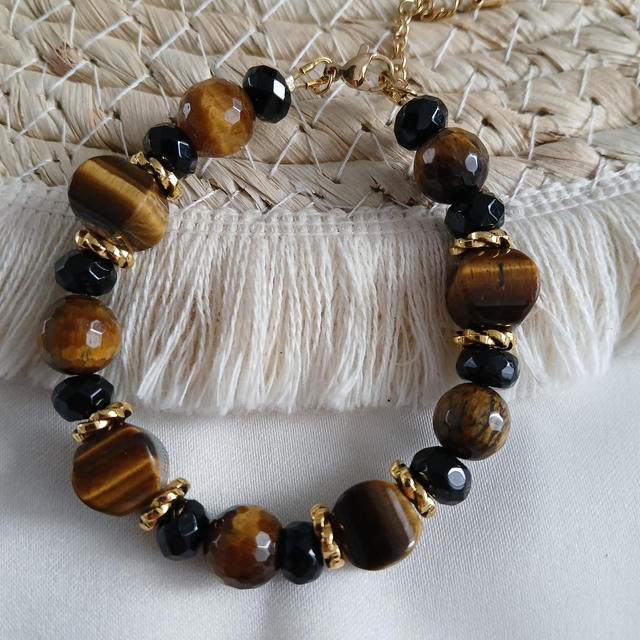 Dames armband Tijgeroog &amp; Onyx – goudkleurige RVS sluiting (1.305)