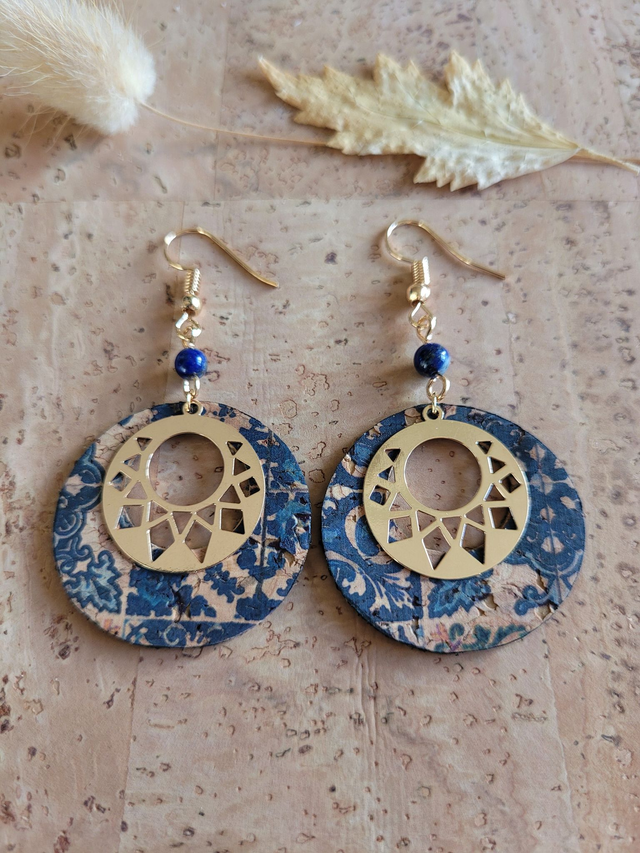 Boucles d'oreilles en liège et lapis lazuli ༄