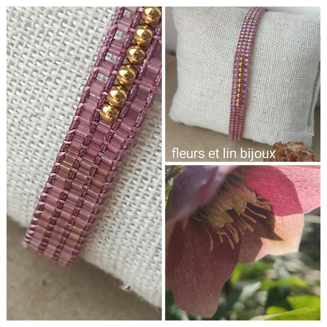 Bracelet tissé main rose & or réglable sur fil de lin 