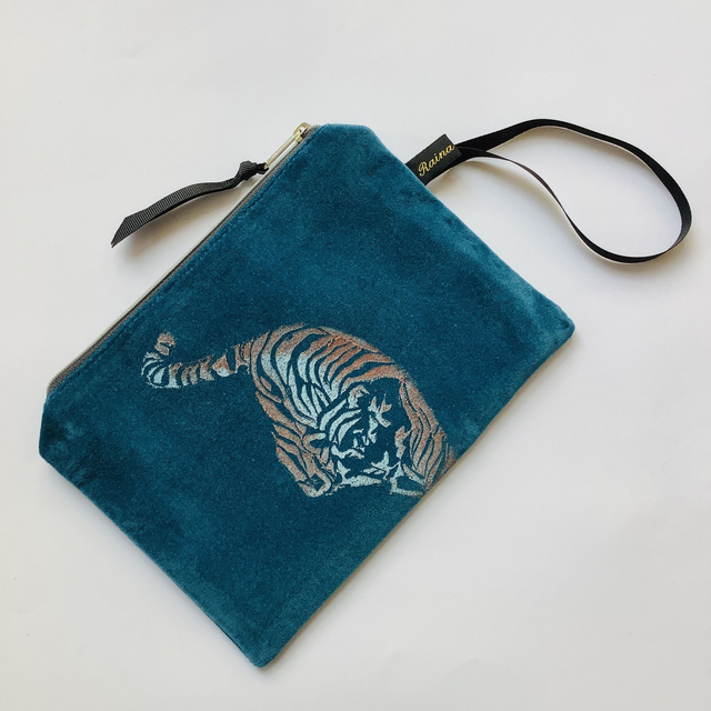 Teal Tiger velvet Zip-Up Pouch 