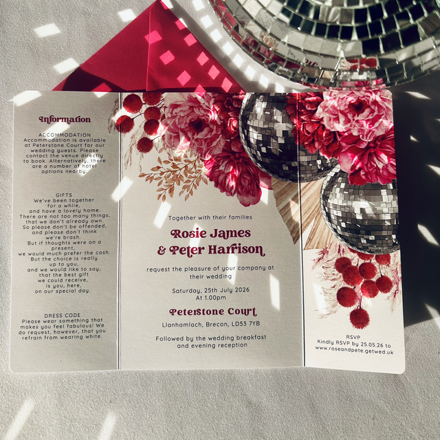 Mirror balls, hot pink and burgundy florals - Gatefold Wedding invitation