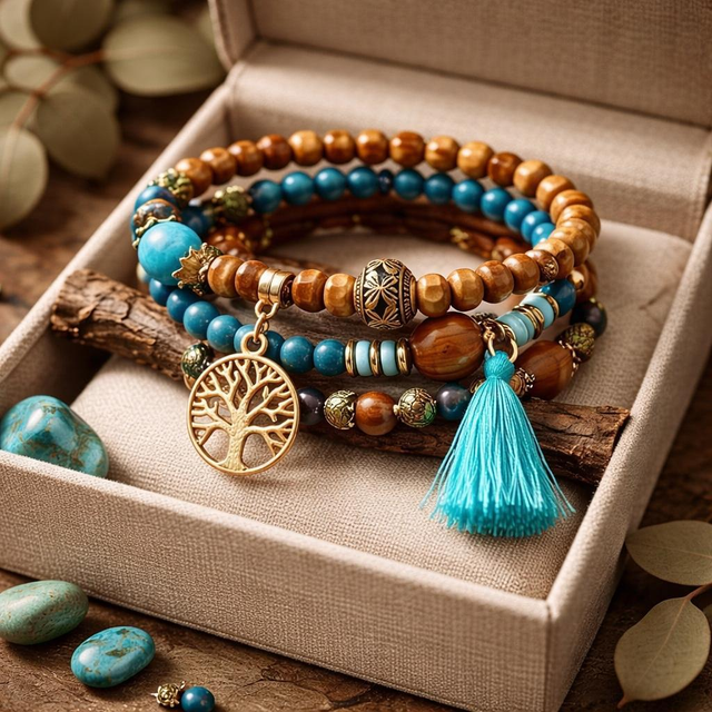 "Blue lagon" - Bracelet en bois bohème 