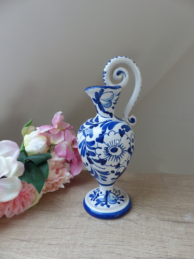 Vintage Huilier Pichet Aiguière Céramique Décor Fleurs Bleues Italie, Carafe Artisanale Poterie, Décoration Table Cuisine Maison de Famille