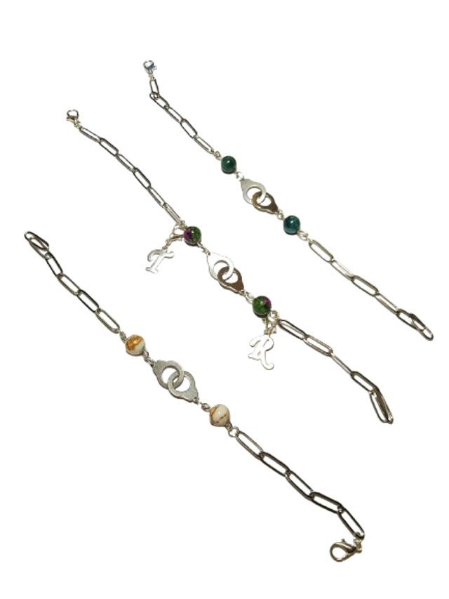 bracelet acier +perles+cadenas COULEUR ARGENT