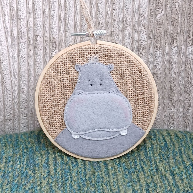 Safari Range, hoop art. Fully hand-sewn wool felt designs on hessian. Hippo design.