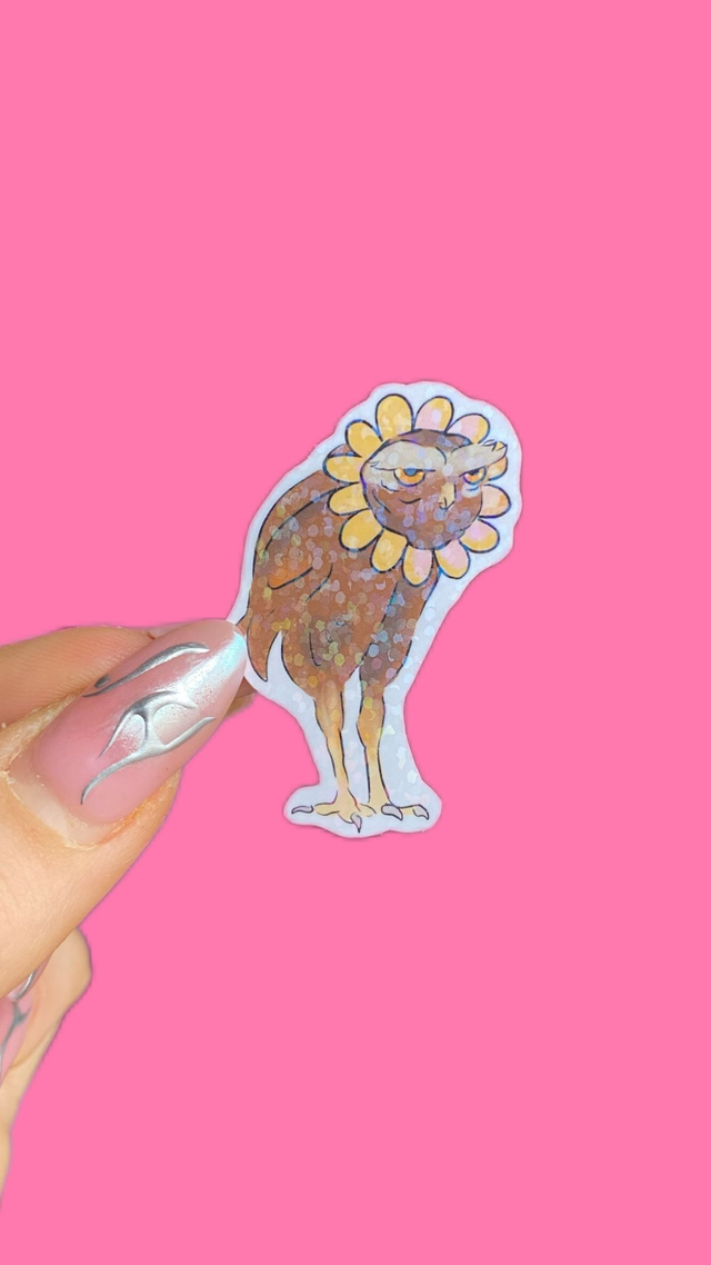 Stickers hibou grincheux fleurs jaune 