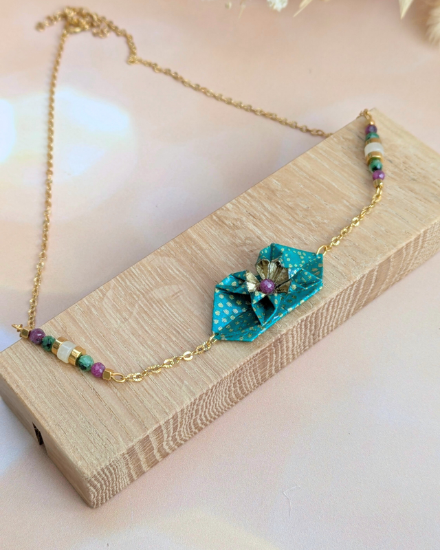 Collier origami Nymphéa Vert soizite -Bijou unique et élégant -