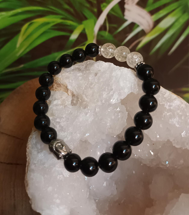 Bracelet en obsidienne noire et cristal de roche