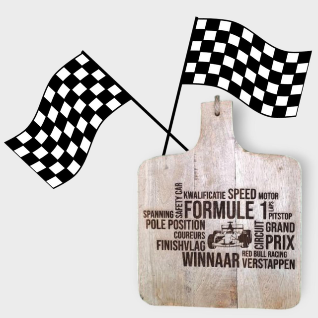 Mangohouten Borrelplank met de tekst, Winnaars...Formule 1 gegraveerde versie
