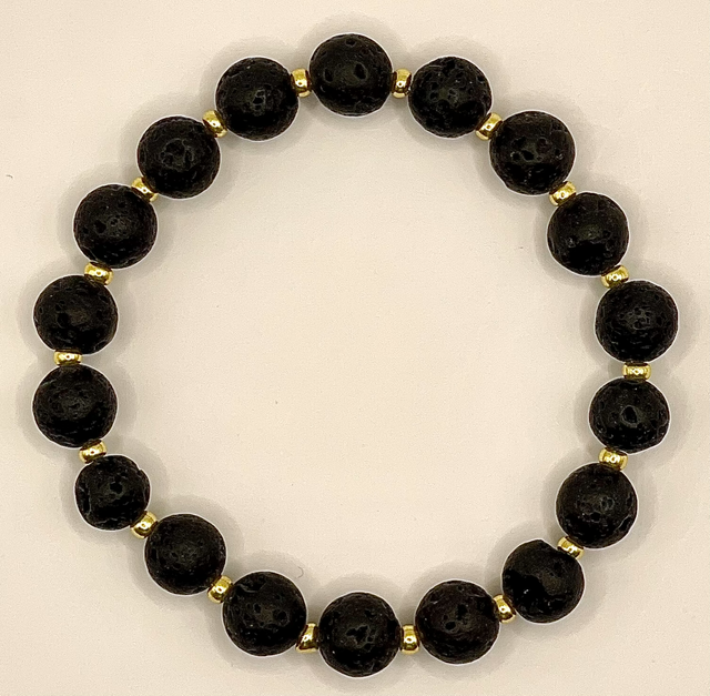 B145 - Bracelet Pierre de lave et verre doré  