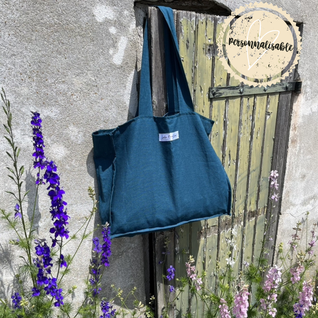 Grand cabas en lin bohème &quot;Bleu&quot;