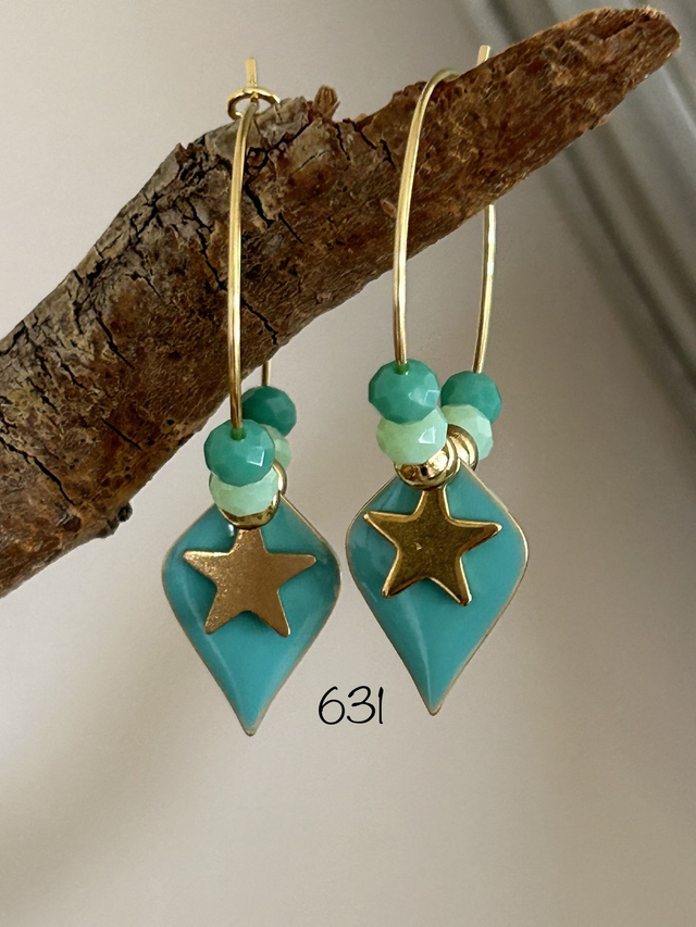 🩵Créoles dorées &amp; pampilles vertes - Réf. 631