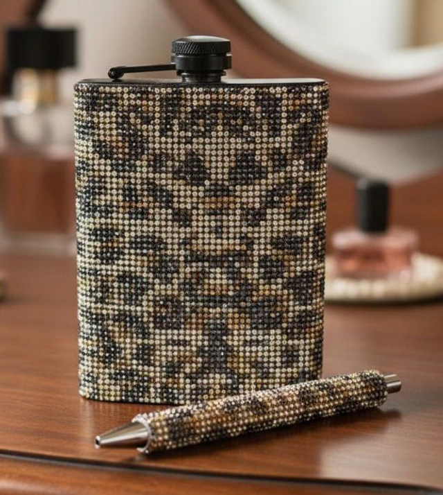 Leopard Bling Flask Gift Set