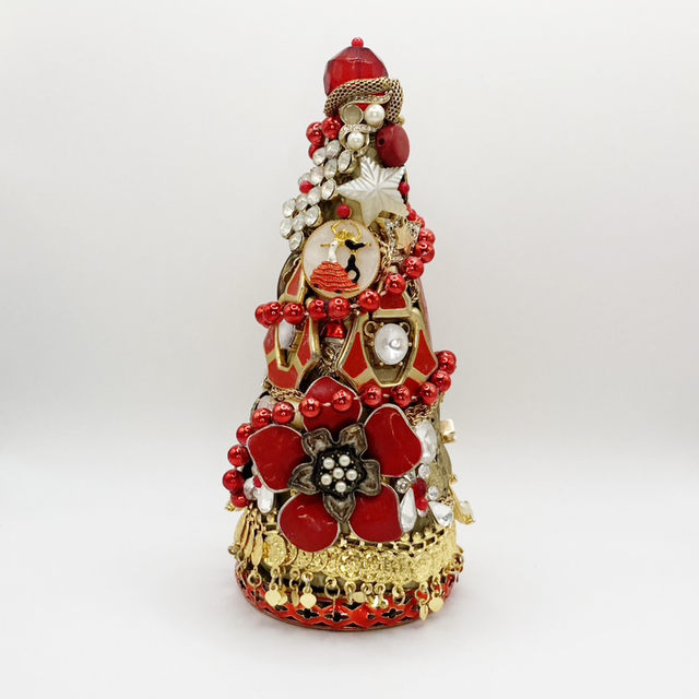 Medium Xmas Jewelled Christmas Tree Red &amp; Gold Unique Handmade Decoration