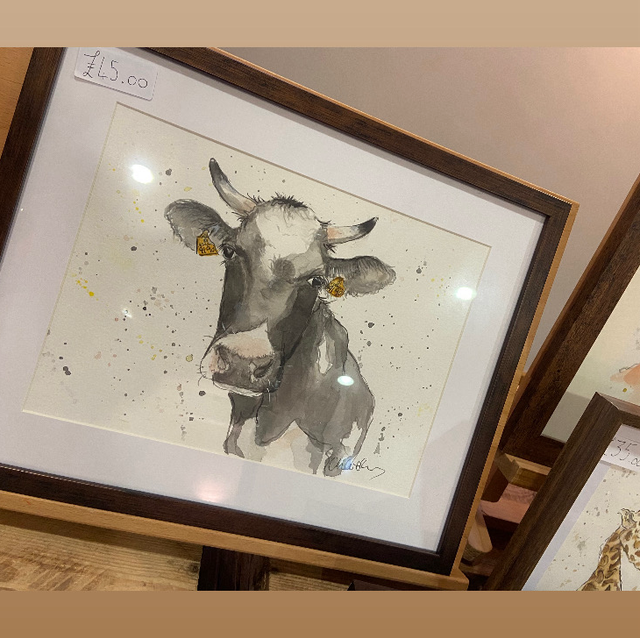 Original ‘Clara’ the cow A4 framed painting in dark wood frame 