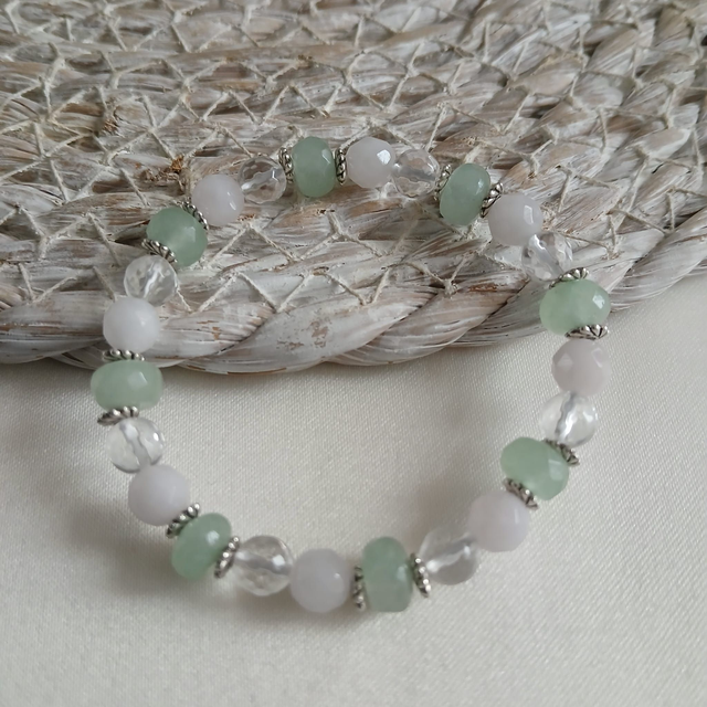 Meisjes armband met Aventurijn, Bergkristal & Rozenkwarts “Liefde & Geluk” (3.059)