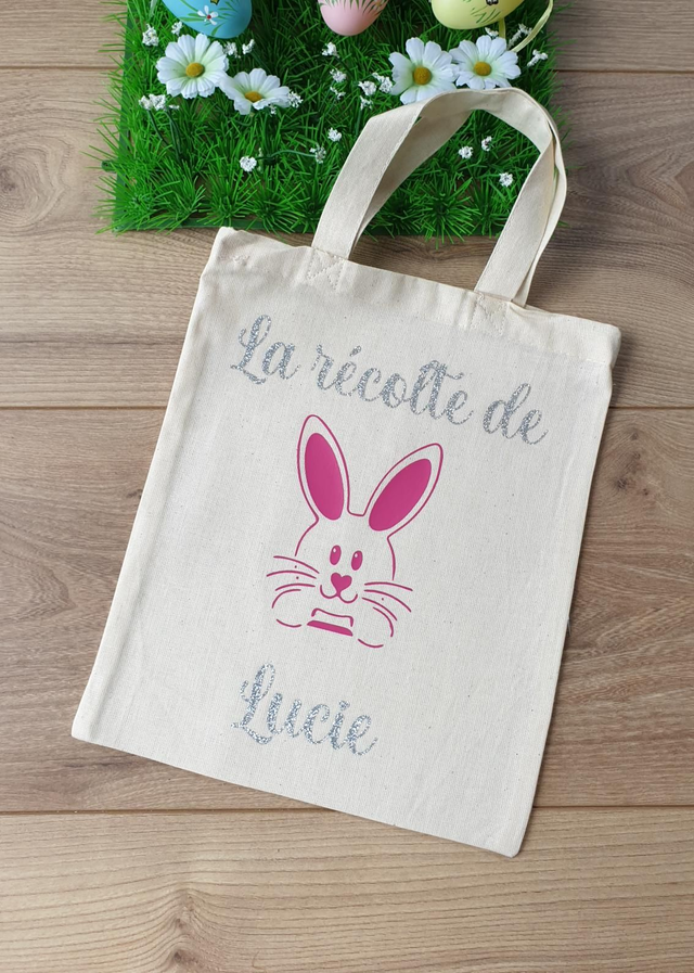 Sac de pâques lapin rose écriture Argenté paillettes 