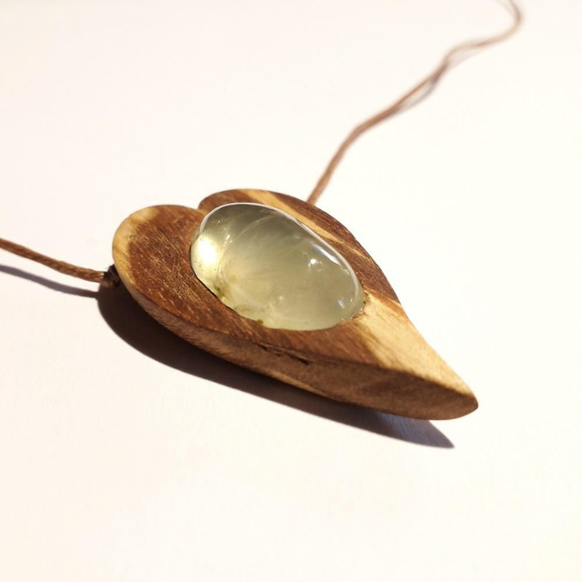Prehnite Hearth Necklace With Hand Carved Palo Santo Wood