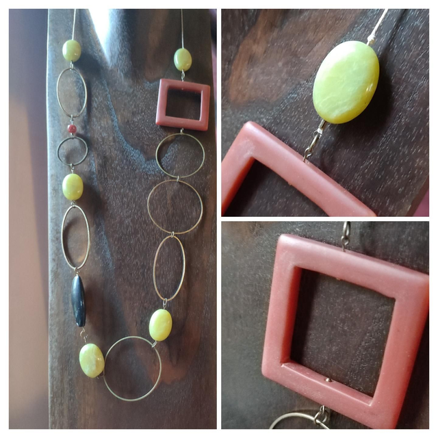 Jade&amp; agate, sautoir monté sur fil de lin réglable 