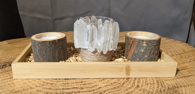 Trio de bougeoirs Pointes de Quartz et Bois.BO0012