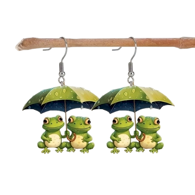 Boucles d'oreilles 2D grenouilles sous un parapluie