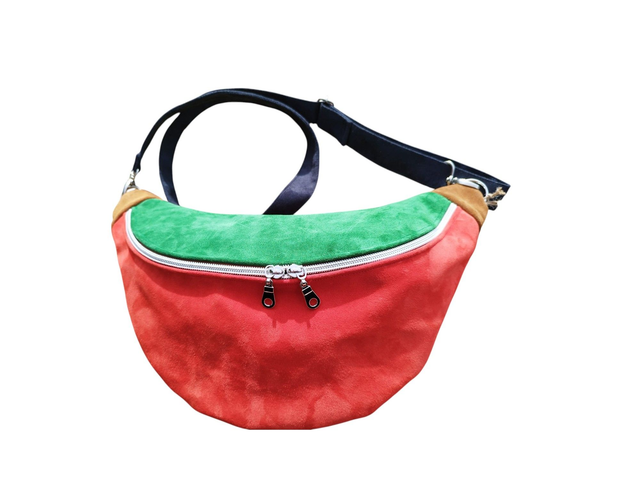 Sac banane en cuir de vachette tricolore rouge vert et marron