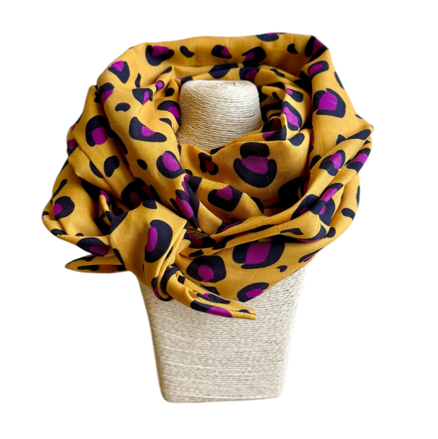 Echarpe 180 cm de long - LÉOPARD - jaune et prune
