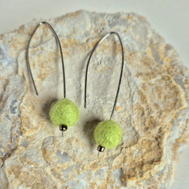 Felt wool Ball Earrings, Lime