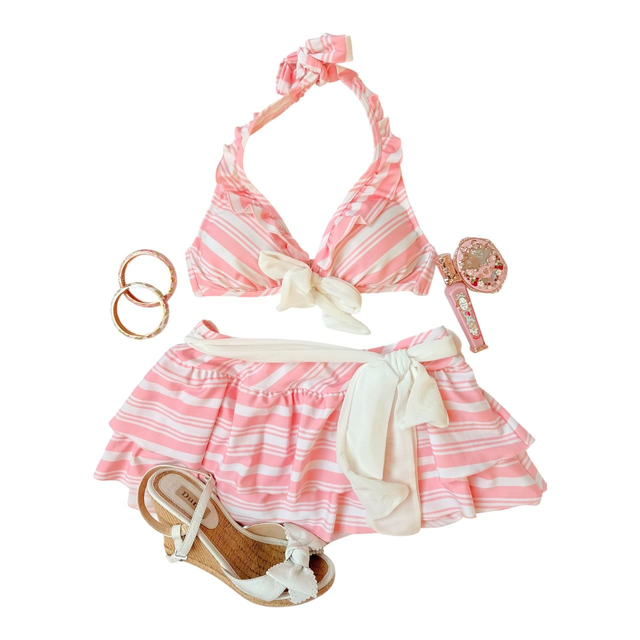Pink striped ruffle japanese 3 piece bikini set 
