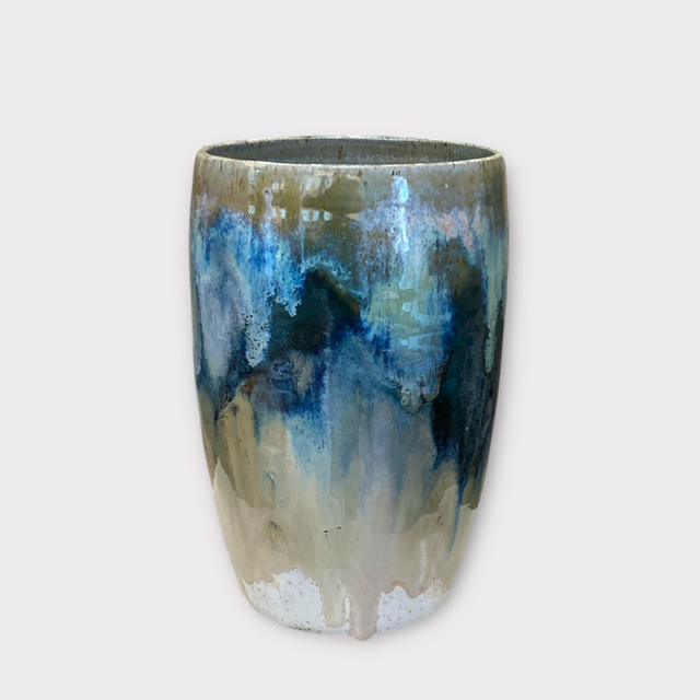 Stor Vase 23 cm, blå/grøn løbende glasur - Helle Bornæs 