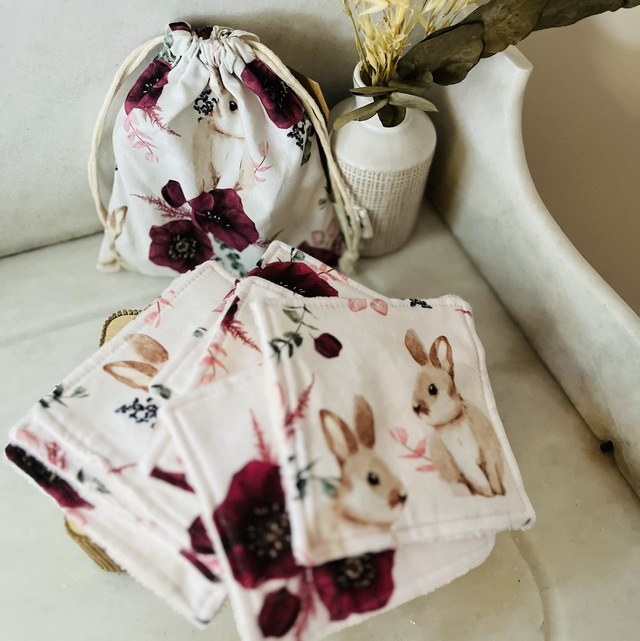 Pochon 7 lingettes lavable coton prémium/éponge bambou "Lapin"
