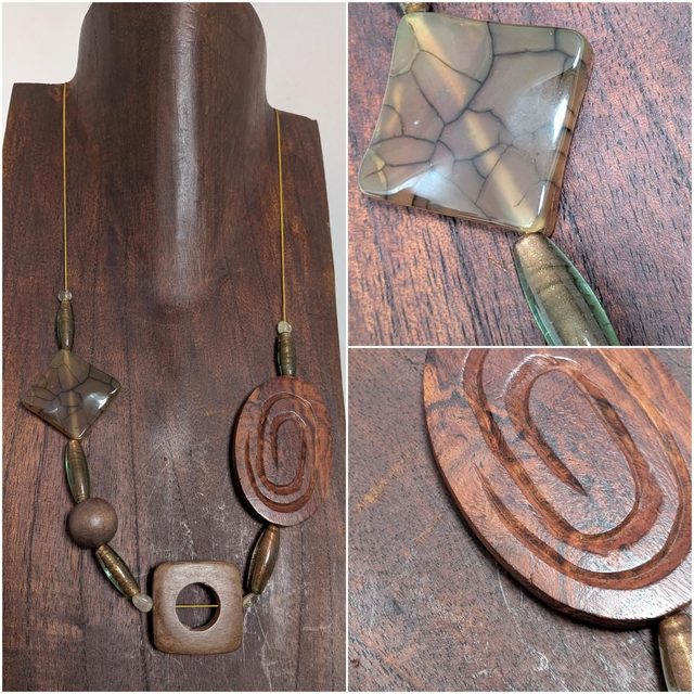 agate &amp; bois , sautoir monté sur fil de jade japonais résistant, réglable ,pièce unique 