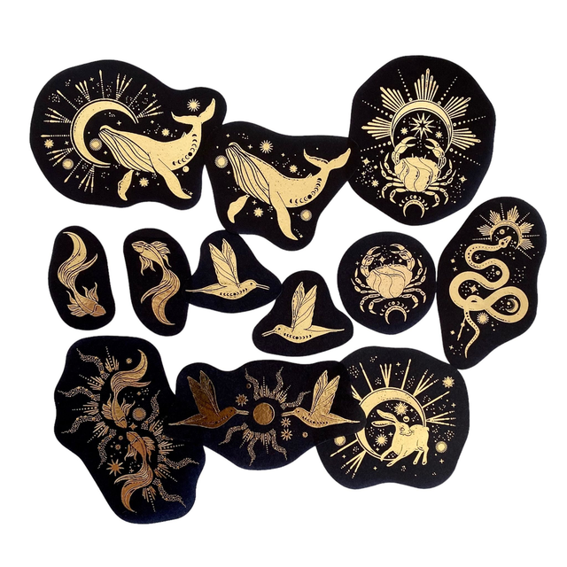 Stickers noirs et dorés animaux célestes - Lot de 12