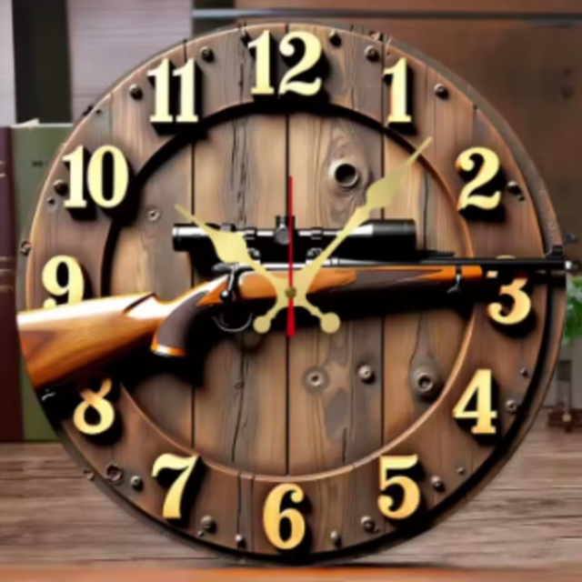 Ronde wandklok van hout Jachtgeweer (25cm)