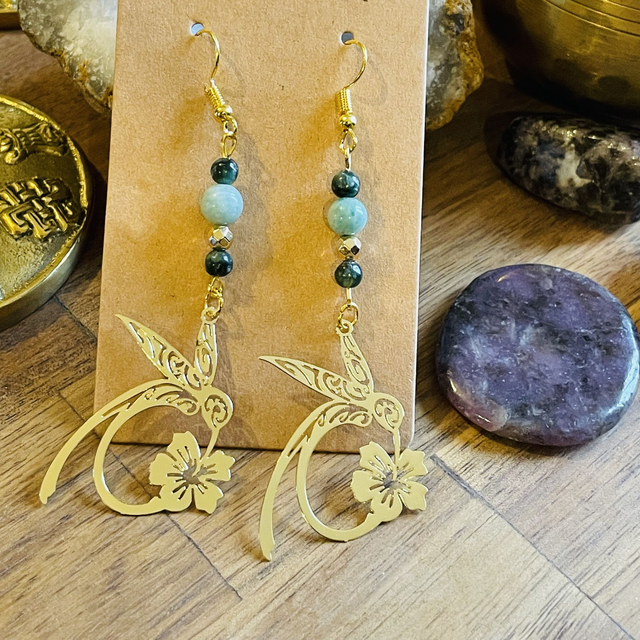 🕊 🍀 Boucles d'oreilles Colibri en Amazonite et Séraphinite