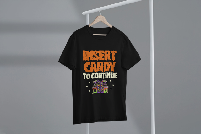 Insert Candy To Continue, Halloween Fun, Gaming Humor. Fügen Sie Süßigkeiten ein, um fortzufahren, Halloween-Spaß, Gaming-Humor