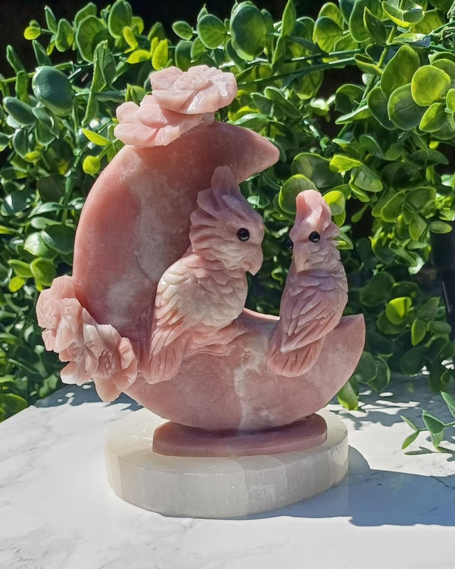 Hand Carved Pink Opal Cockatiels on a Moon