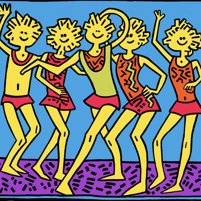 Abstract Pop Art Keith Haring inspired 'Dancers 5', Stretched Canvas, Colourful, Wall art.