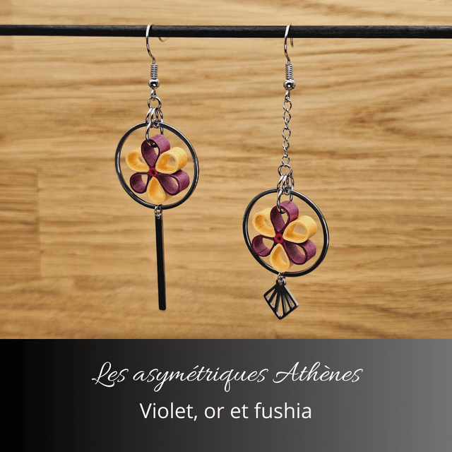 Boucles d'oreilles asymétriques Athènes - Violet or et fushia