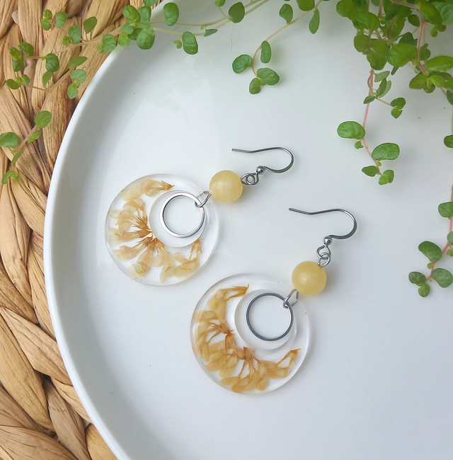 Boucles d'oreilles ∙ argenté ∙ Fleurs séchées et pierre naturelle Créoles 