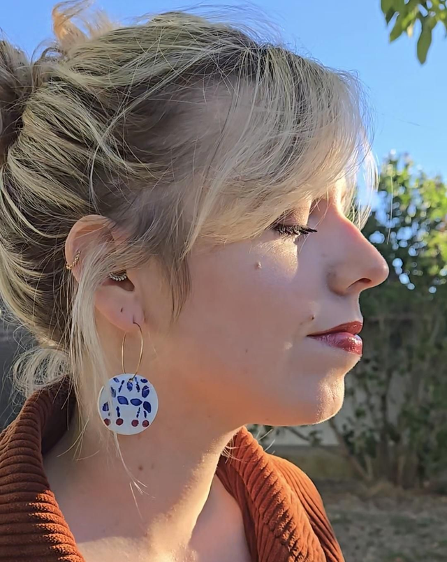 Paire de boucles d'oreilles - faïence Gien - acier inoxydable doré