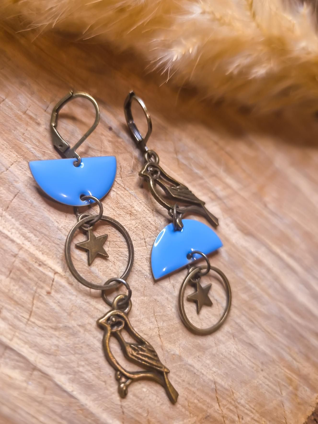 Boucles d'oreilles émaillées "Les dépareillées - Modèle oiseaux" - Bronze et bleu