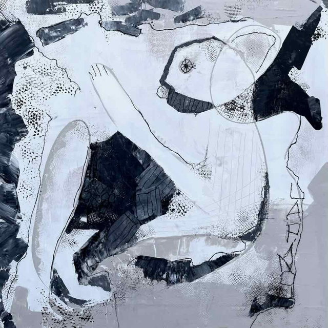 Lapinou à tête de poisson-50x50x3cm, Œuvre originale de Eva Chesneau, sur bois, bords peints, prêt à être accroché, sans cadre