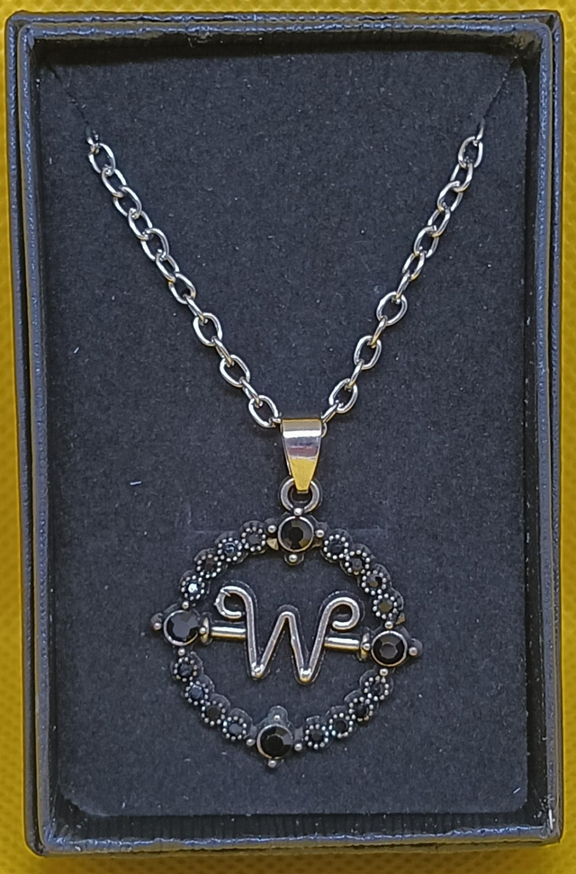 Tibetan Silver &amp; Crystal Wednesday Logo Pendant Necklace.