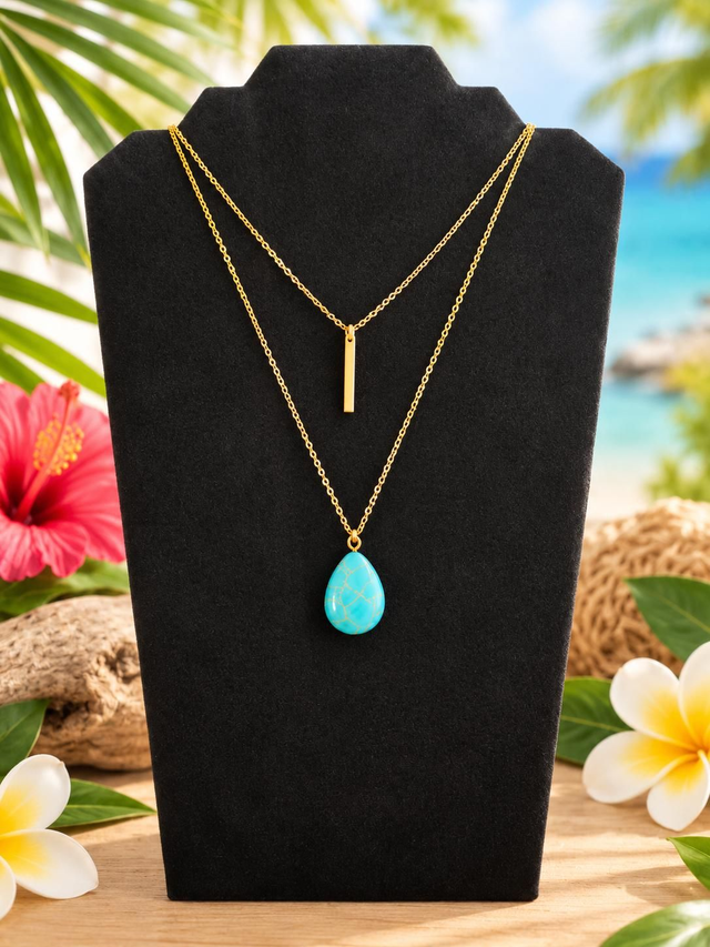 Collier double rang doré &amp; turquoise