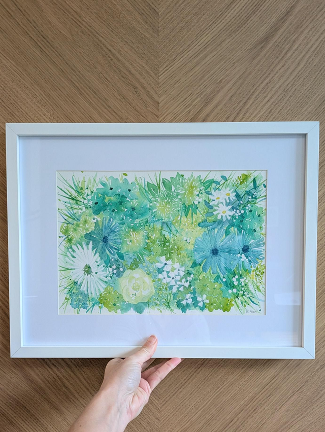 Tableau à l'aquarelle fleurs vertes nature